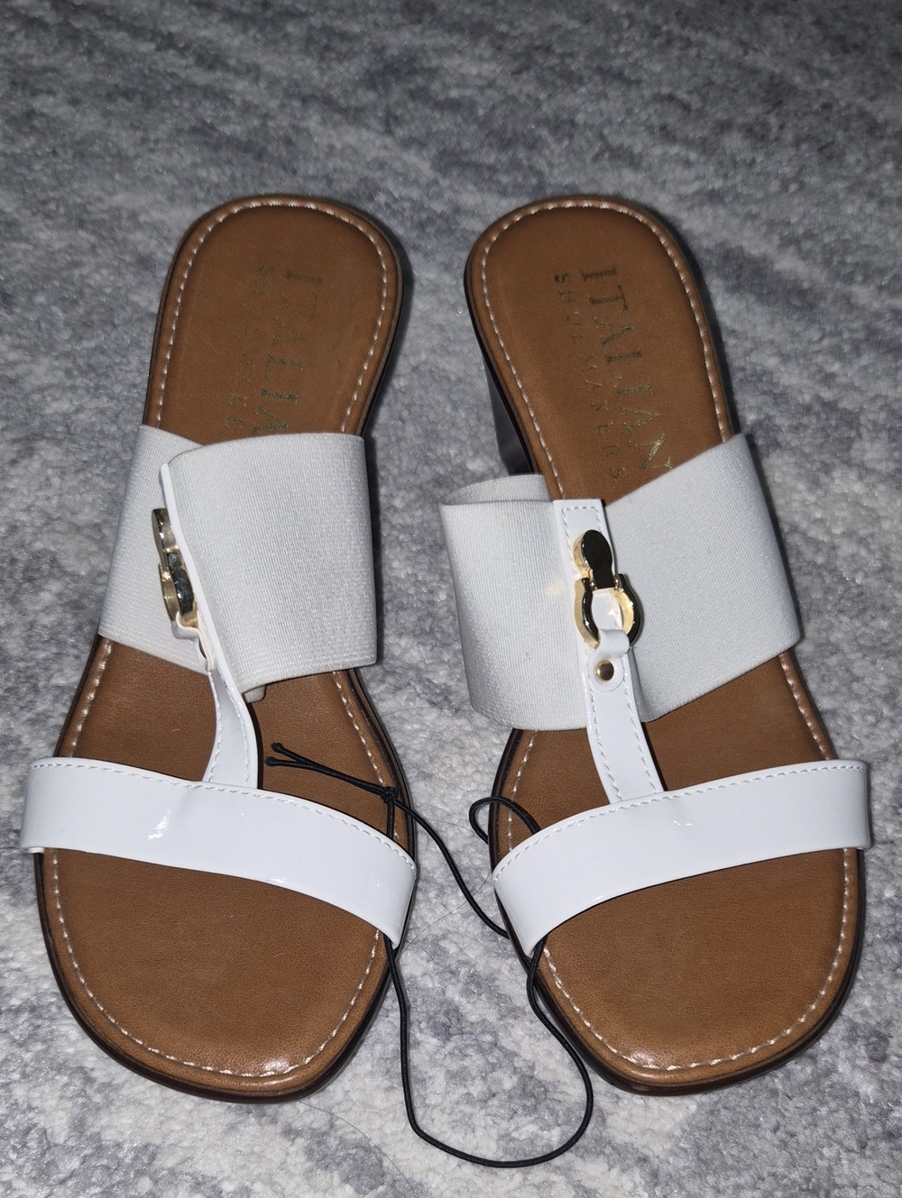 Italian Shoemakers White Slide Sandals with Gold Buckle Detail